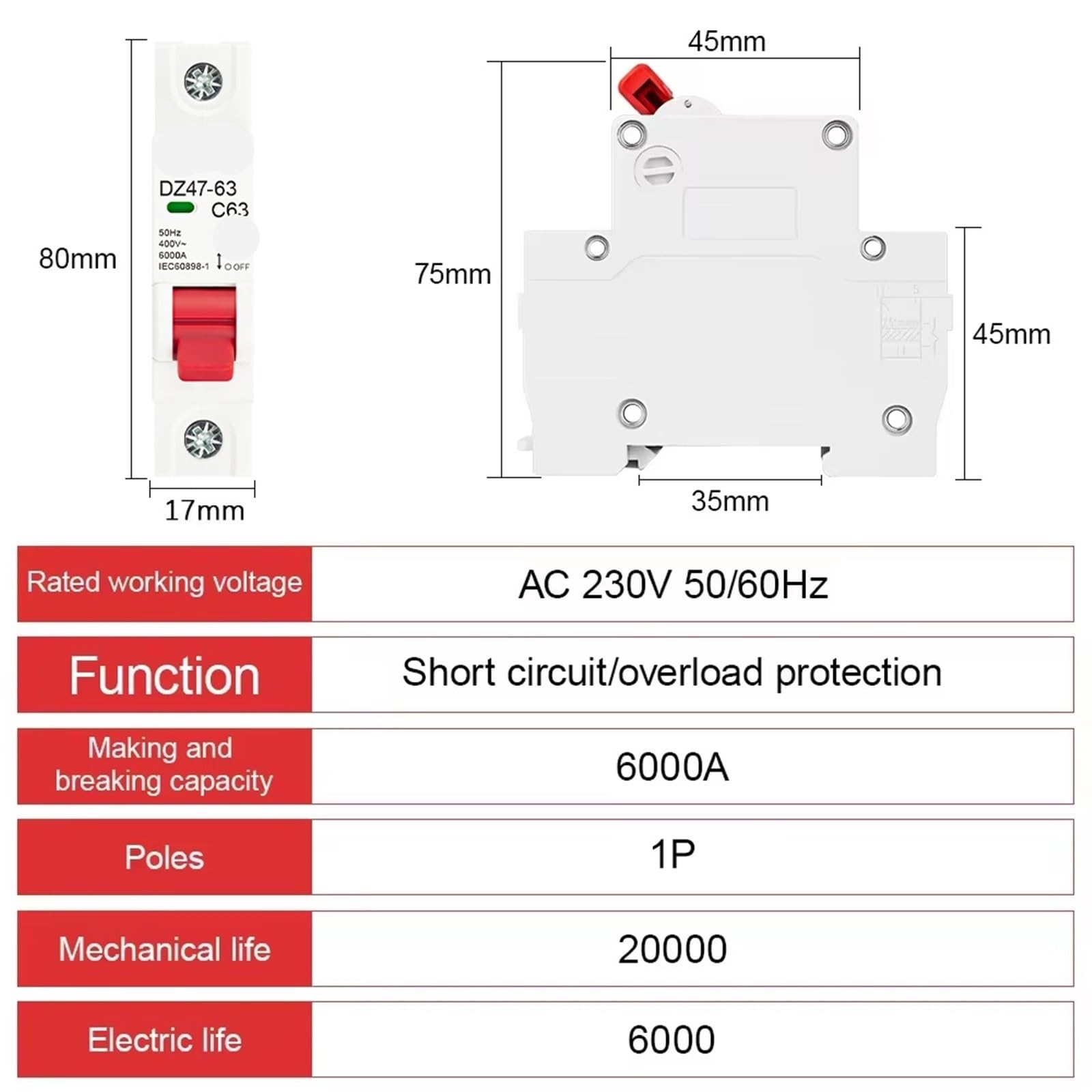 1P AC 230/400V MCB DZ47 C Type Circuit Breaker Overload Short Circuit Protection Main Switch Din Rail 1Pcs(16A)