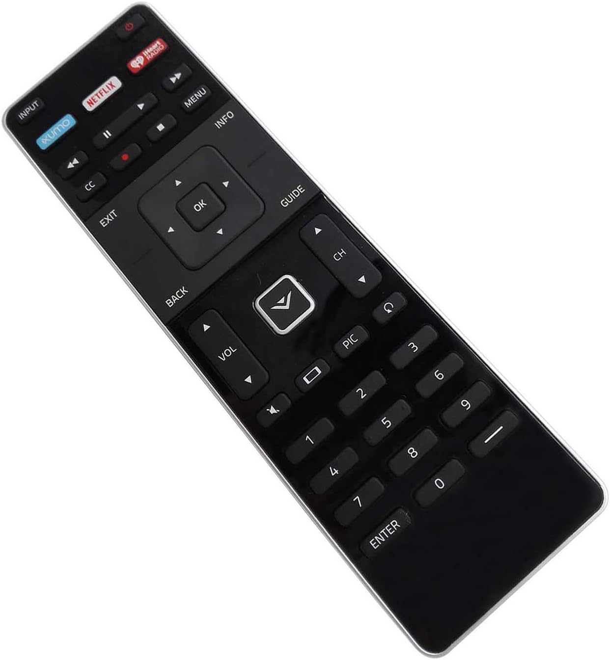 Front view of the Beyution VIZIO XUMO XRT500-3 remote control, highlighting the TV control buttons and dedicated app keys.
