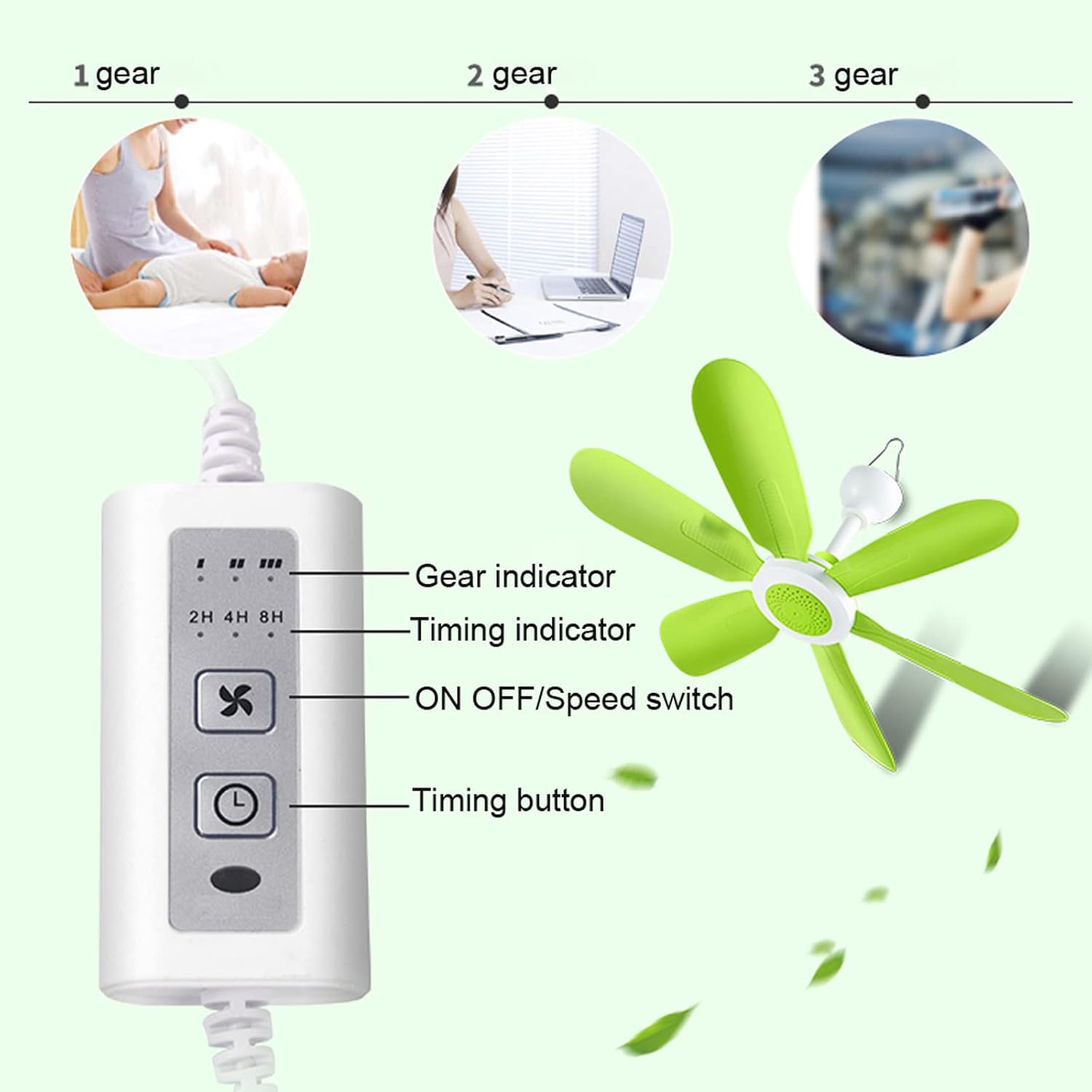 5V USB Ceiling Fan with Remote Control Timer 3 Gears for Bed Camping Outdoor RV