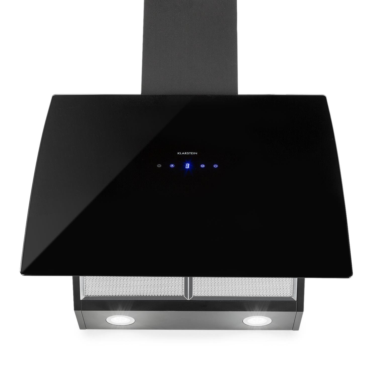 Klarstein Annabelle 60 - Campana extractora de humos, Extractor de pared, Absorción y ventilación, 3 niveles, Absorción de 595 m³/h, Acero inoxidable, Autoapagado, 2 filtros de carbono, Negro