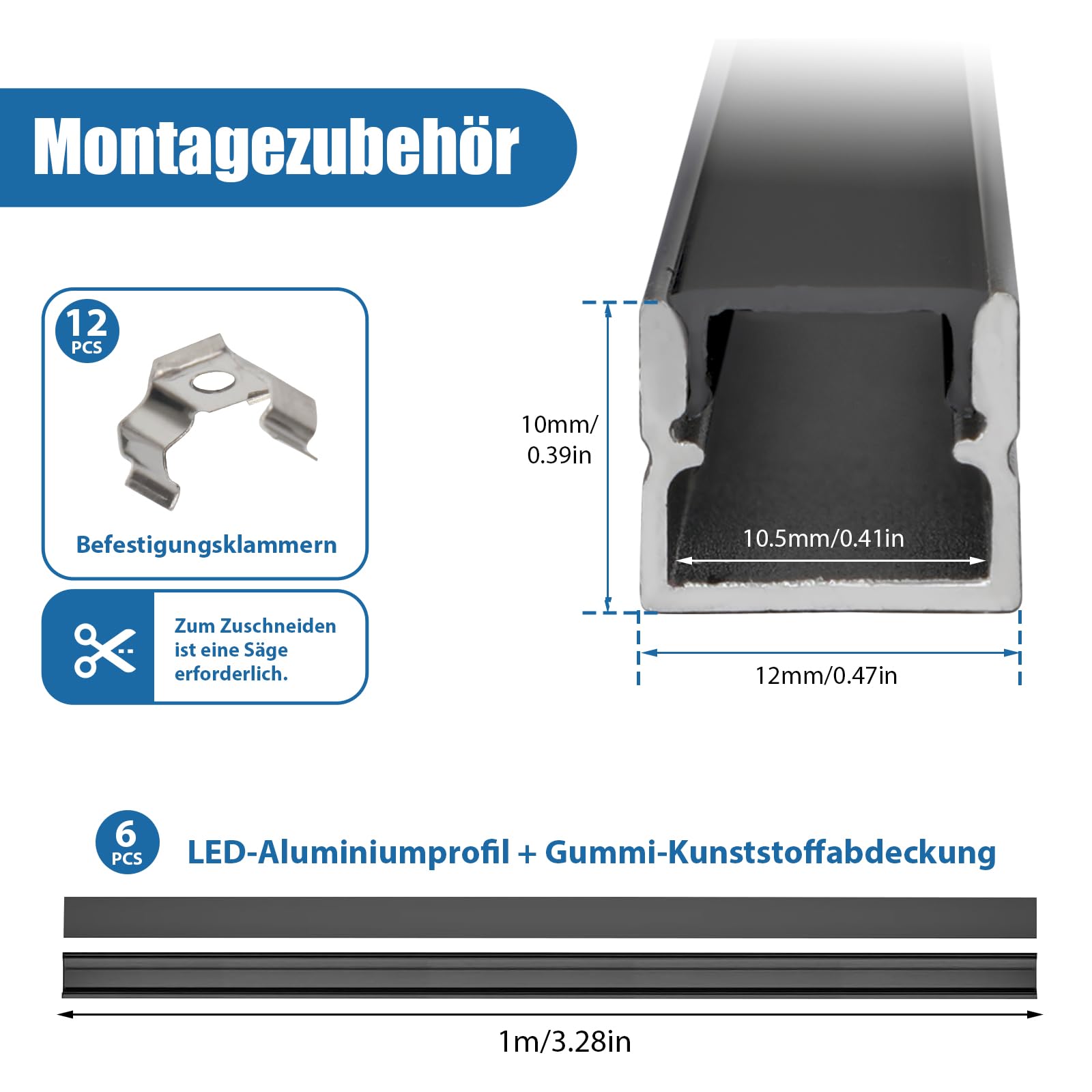 Perfil de aluminio LED, 6 × 1 m, canal en forma de U, 12 × 10 mm, para paneles acústicos con clips de montaje, tiras negras, difusor de canal, resistente al agua, cubierta para luces de neón