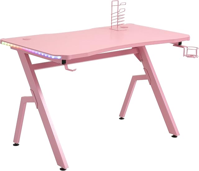 HOMCOM Gaming Desk Racing Style Home Office Ergonomic Computer Table Workstation with RGB LED Lights, Hook, Cup Holder, Controller Rack & Cable Management, Pink
