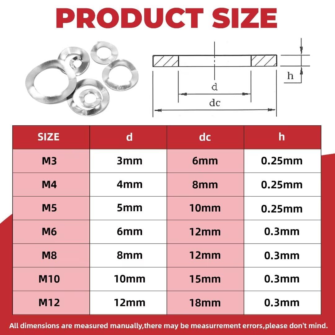 350PCS Spring Wave Washer Gasket Assortment Kit, M3 M4 M5 M6 M8 M10 M12 Wavy Wave Crinkle Spring Washers Sets, 304 Stainless Steel Metric Wave Spring Washer for Screw Bolt