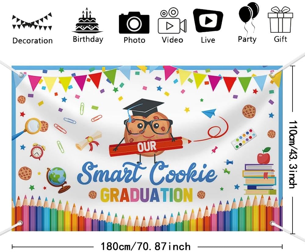 MEHOFOND 6x3.6ft Cookies Graduation Banner, Our Smart Cookie Graduation Decorations 2026, Preschool Class of 2026 Congrat Grad Party Decor, Colorful Pencil Kindergarten Graduation Photo Props image 3