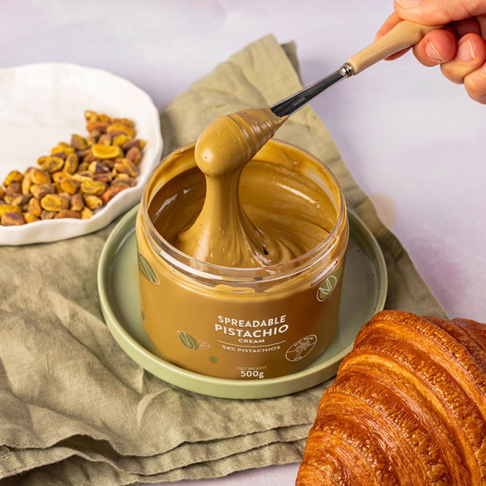 ORIGONUTS, Pistazienpaste 54% Pistazien, Pistaziencreme, Pistazienmus - Basis für Kuchen, Cremes, Desserts, Eiscreme, Dubai-Schokolade - Ohne Farbstoffe, Ohne Palmöl - 500 g