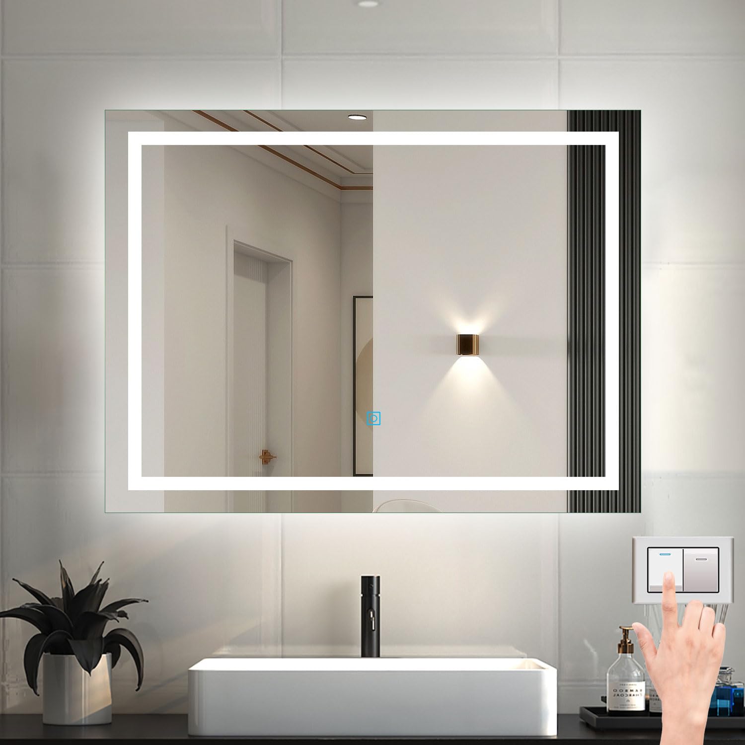 Myb Dimmable 3 Colour Bathroom Wall Mirror With Led Lights,700X500mm Wall Mounted Vanity Mirror Dimmable Switch 3 Colors And Demister Pad, Horizontal/Vertical