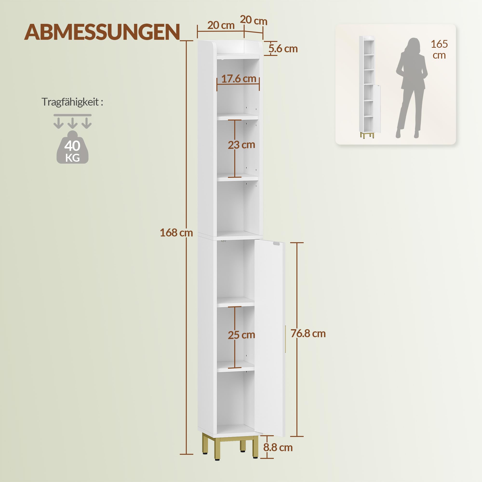 Badezimmerschrank Badschrank, 20 x 20 x 168 cm, Weiß und Gold