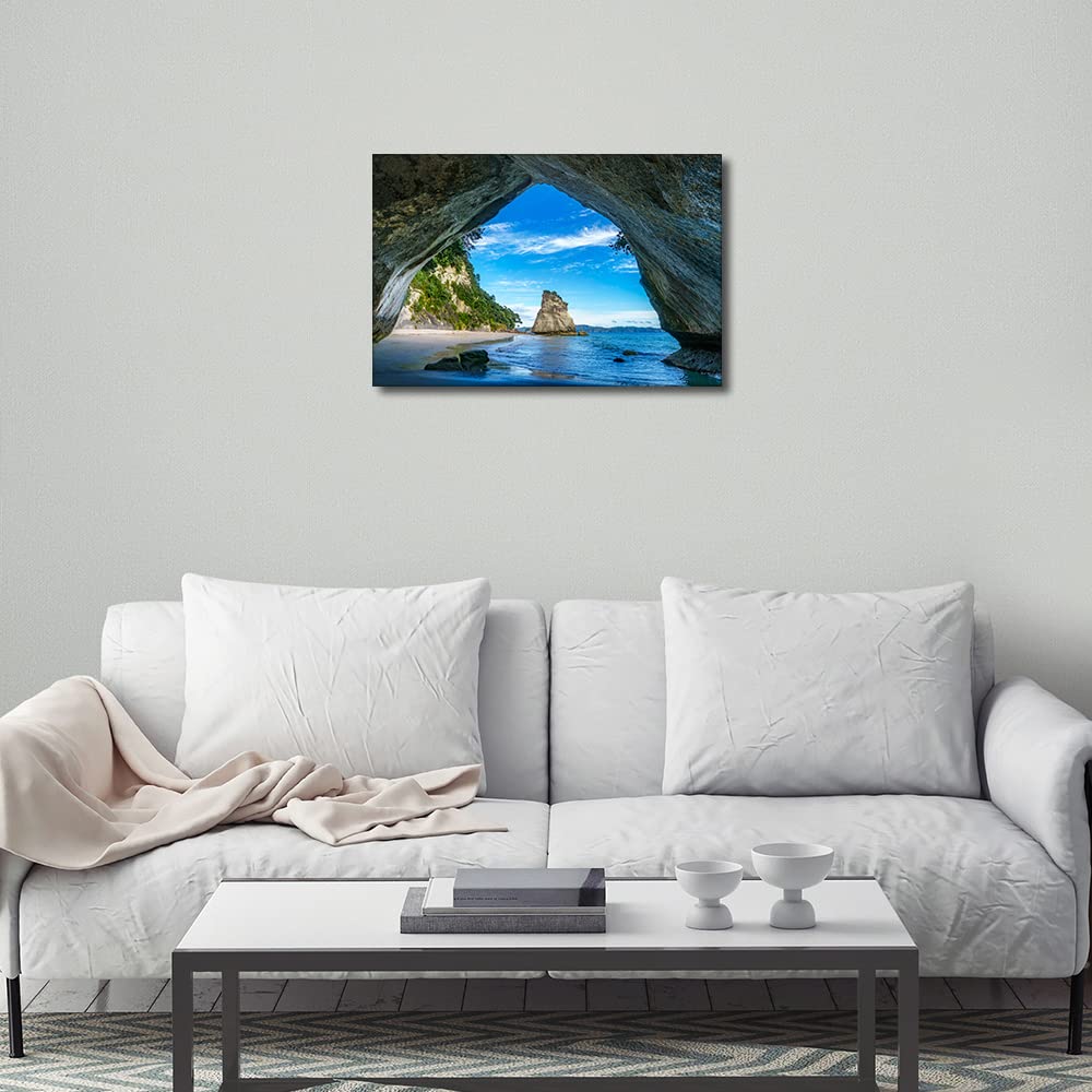 Canvas Wall Art Cave at Cathedral Cove Coromandel Coromandel Painting Canvas Artwork Sea Nature Picture for Home Office Wall Decor Framed Ready to Hang 16x24inch - Image 3