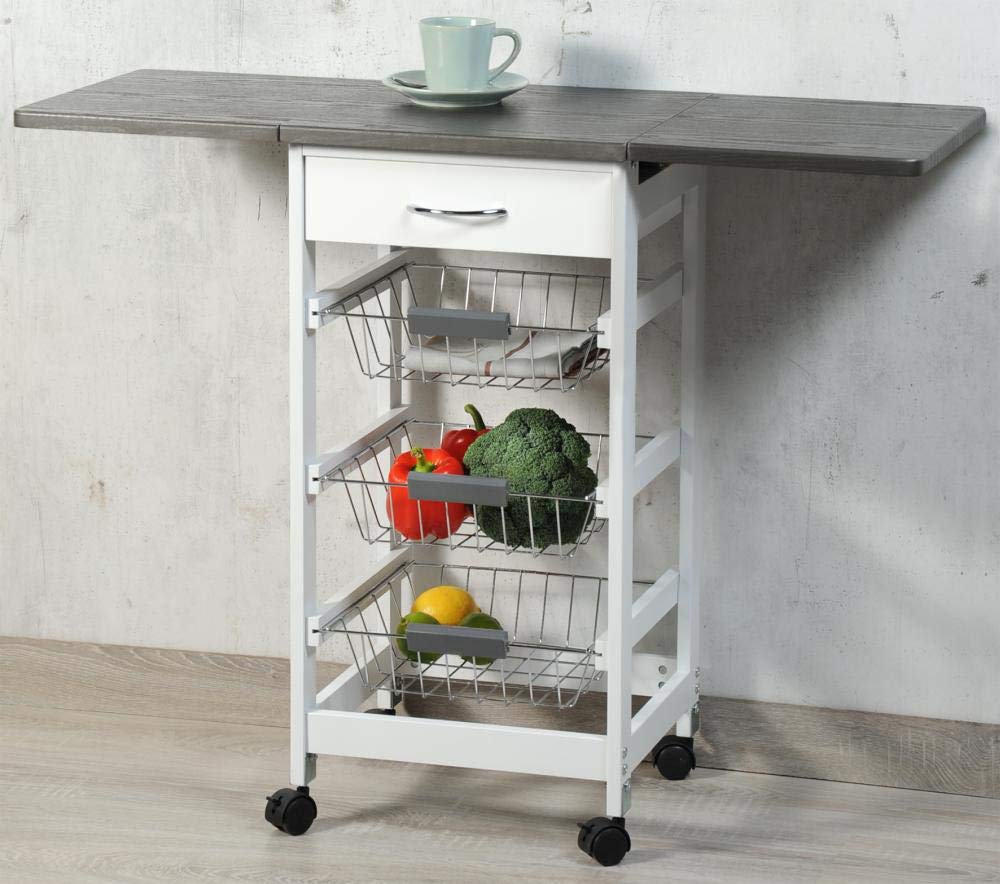 Kesper Carrello da cucina mobile con piano di lavoro pieghevole, 3 ripiani, cassetto, cestini a griglia, aperto circa 100 cm, legno FSC bianco/grigio