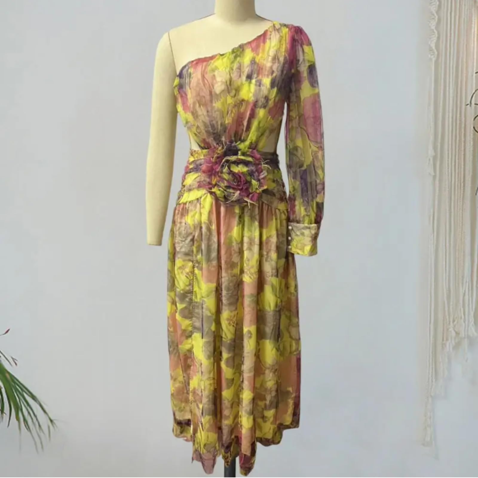 Vestidos Vestir Niña De Noche para Mujer Vestido De Baile con Dobladillo Dividido Y Malla Rosa con Estampado De Flores Tie-Dye En Capas Y Un Hombro