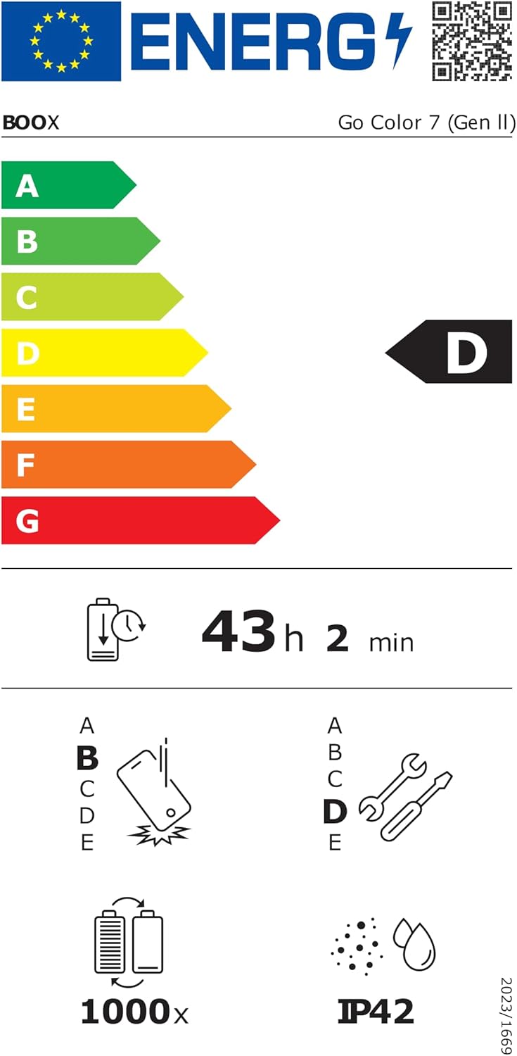 EU Energy Label for BOOX Go Color 7 (Gen II) showing energy efficiency class D, 43 hours 2 minutes battery life, 1000x battery cycles, and IP42 rating
