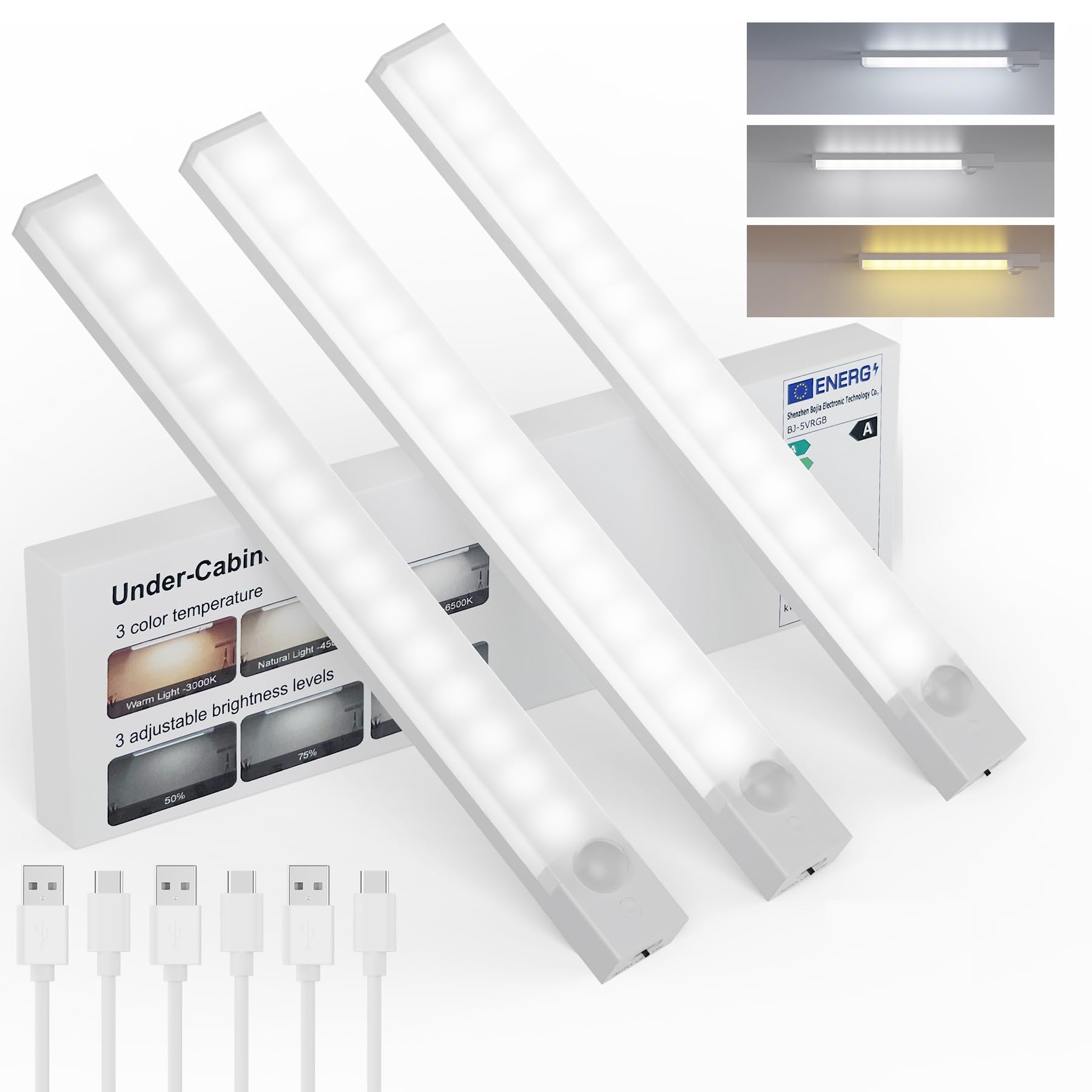 Under Cabinet Lights 8 Inch 3-Pack Rechargeable Battery Operated Motion Sensor Light Indoor Dimmable Closet Lights Wireless Under