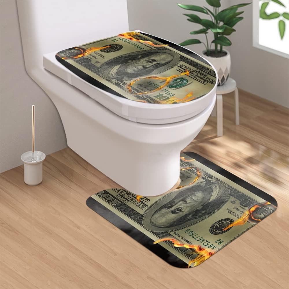 Black Beige 100 Dollar Bills Bathroom Rugs and Mats Set of 3,Money Bathroom Set for Men Memory Foam Bath Mat,U-Shaped Contour Shower Mat Non Slip Absorbent,Velvet Toilet Lid Cover Washable