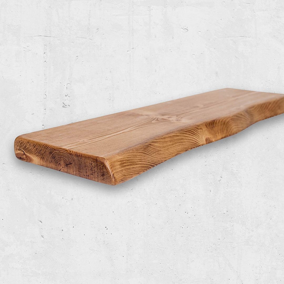Waney/Live Edge Chunky Rustic Floating Shelf 9x2, Teak, 220cm
