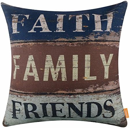 LINKWELL 18x18 inches Vintage Words Faith Family Friends Burlap Throw Pillowcase Cushion Cover (CC1502)