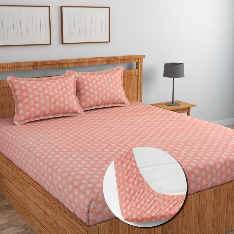 Image of NEW LEAF Glace Cotton Fitted King Size Double Bedsheets with 2 Pillow Covers | Elastic Fitted | Wrinklefree | Ultrasoft |Winter Bedsheet 220 tc tc Floral | 78 x 72+10 Inches, Pink
