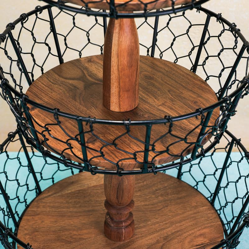 Image of Ireka Home Farmhouse Multipurpose Storage Basket | Acacia Wood with Iron Handles | Three-Tier Organizer for Living Room, Kitchen, Fruits and Vegetables