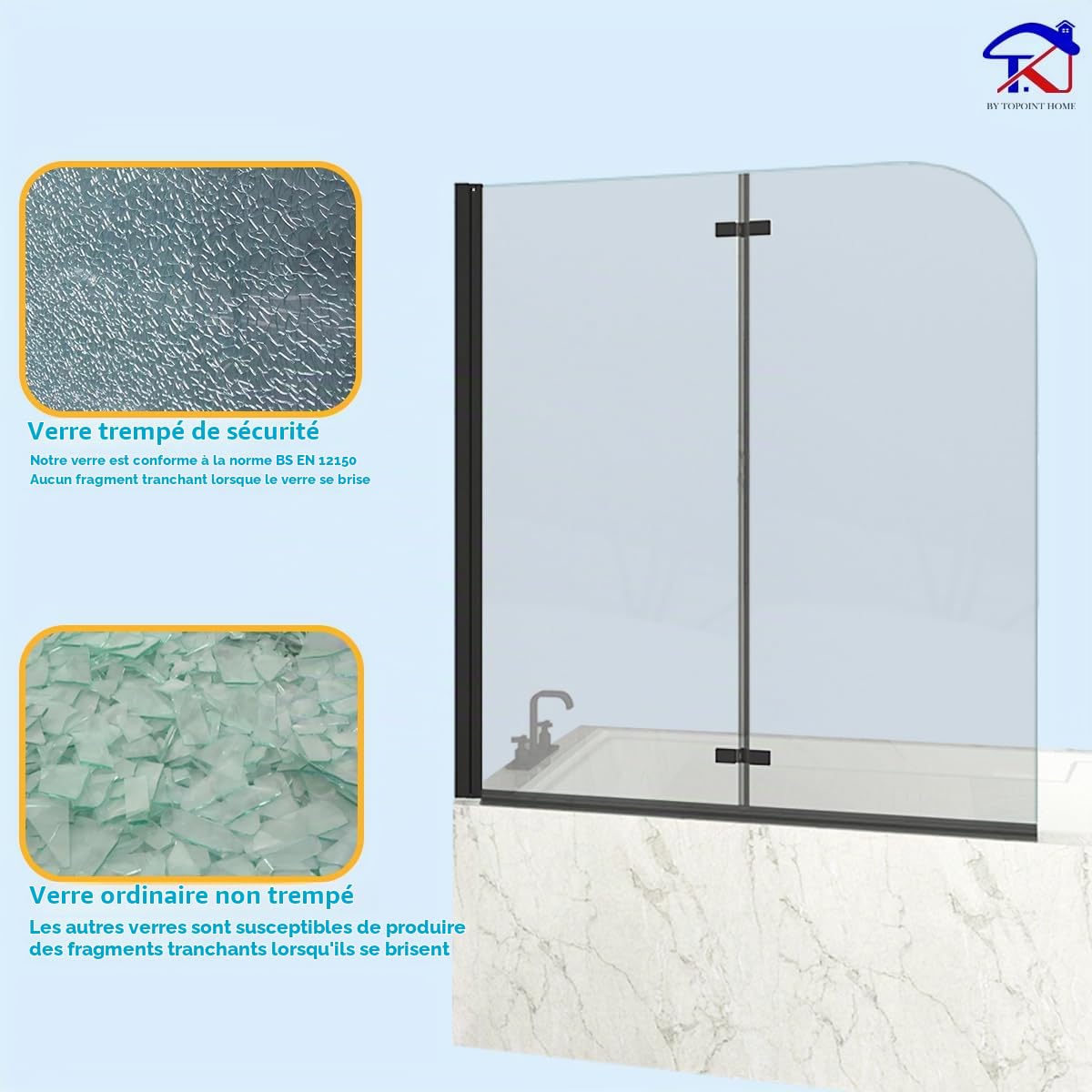 T&K Paroi de douche pour baignoire 120 x 140 cm Noir, 2 Parties pliable paroi de baignoire verre de sécurité trempé de 5 mm facile à nettoyer des deux côtés écran de douche