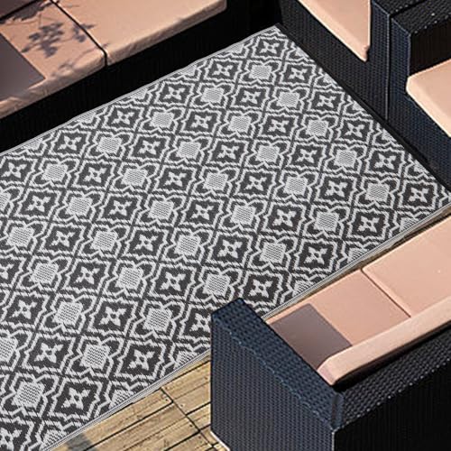 4x6 Outdoor Rug Waterproof Porch Rug,Outdoor Mat 4x6 Small Balcony Mat,Reversible Plastic Straw Rug, Outdoor Rug for Camping Black and White Outdoor Rugs for Patio, Deck, RV, Camping, Beach, Backyard