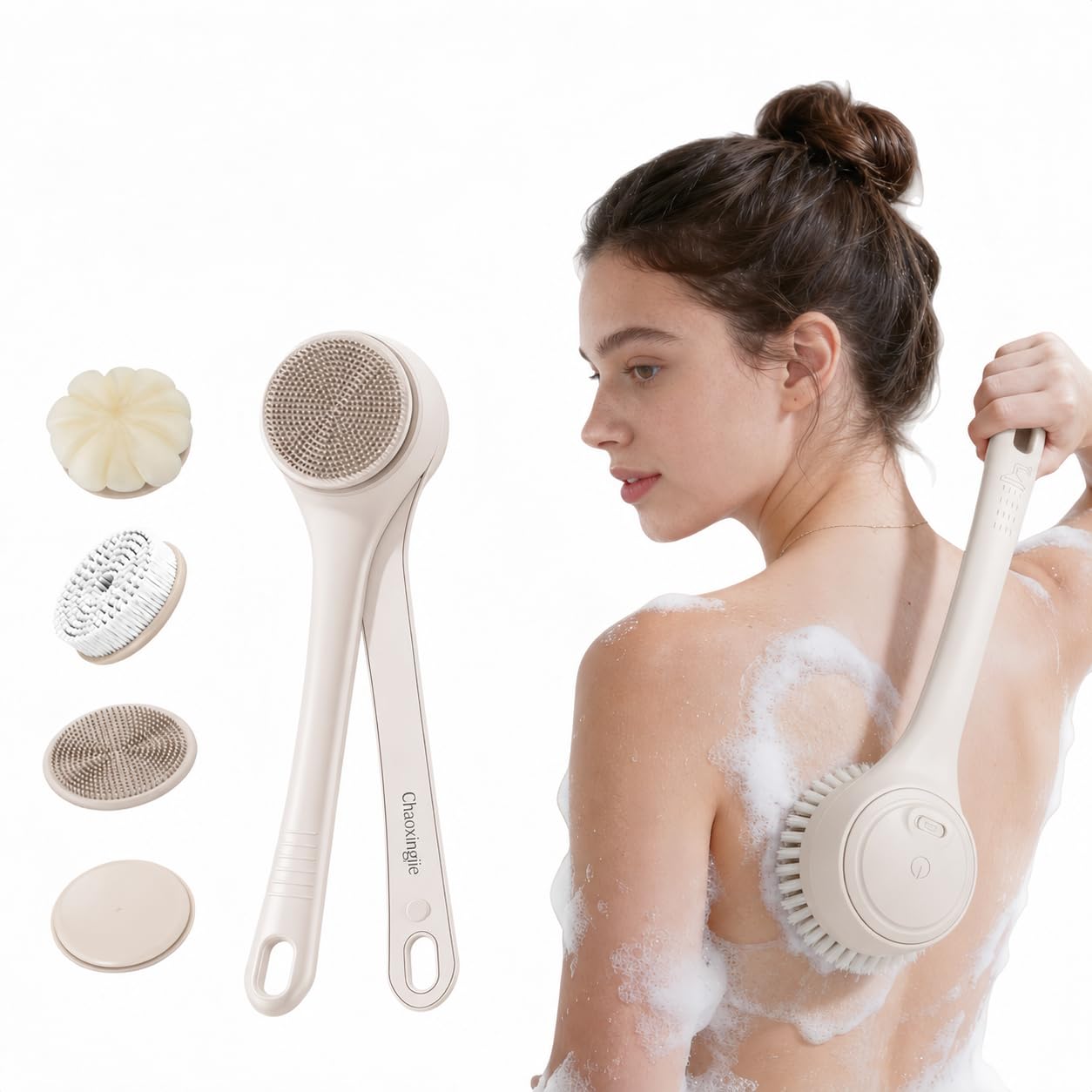 Electric Body Brush Back Scrubber for Shower, Waterproof Long Dual Handle Power Body Scrubber with 4 Heads, Rechargeable Bath Brush & 2 Speeds, for Cleansing, Exfoliating and Massaging Skin,Almond