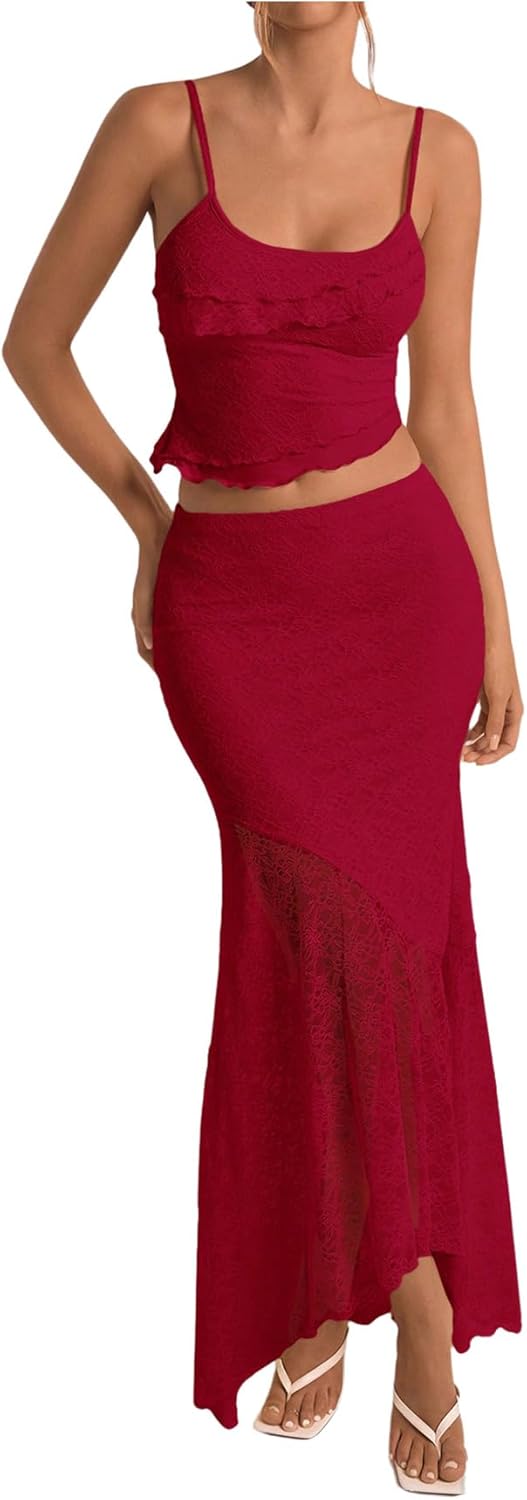 Milumia Women's 2 Piece Outfits Ruffle Trim Cami Crop Top and Low Rise Maxi Skirt Set