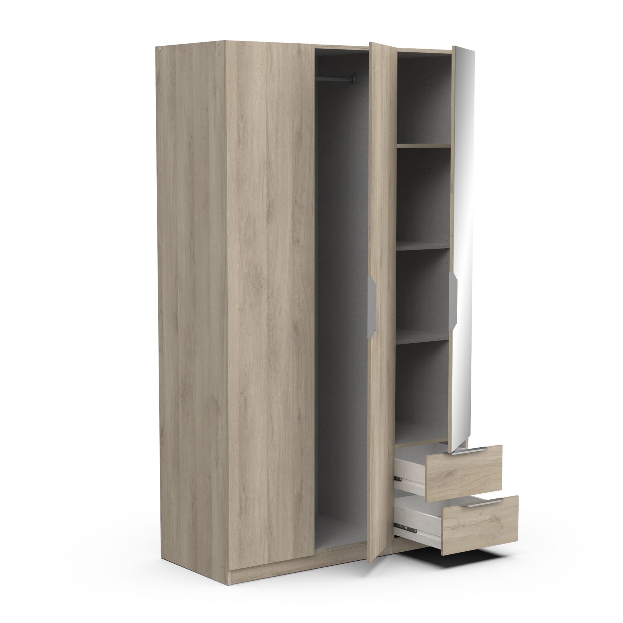 Demeyere 391391 Armadietto Guardaroba con Specchio e Armadio Moderno a 3 Ante 2 Cassetti 4 Nicchie, Colore Rovere Kronberg, 119.4 x 51.1 x 203 cm, Legno Ingegnerizzato, Grigio