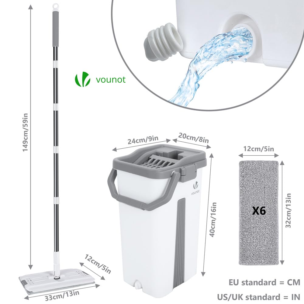 VOUNOT Bodenwischer, Wischmopp Set mit Eimer zum Auswringfunktion, Flacher Mikrofaser & Putzset mit Edelstahlgriff, 6 Wiederverwendbare Wischmop Ersatzbezüge, alle Arten von Böden Weiß