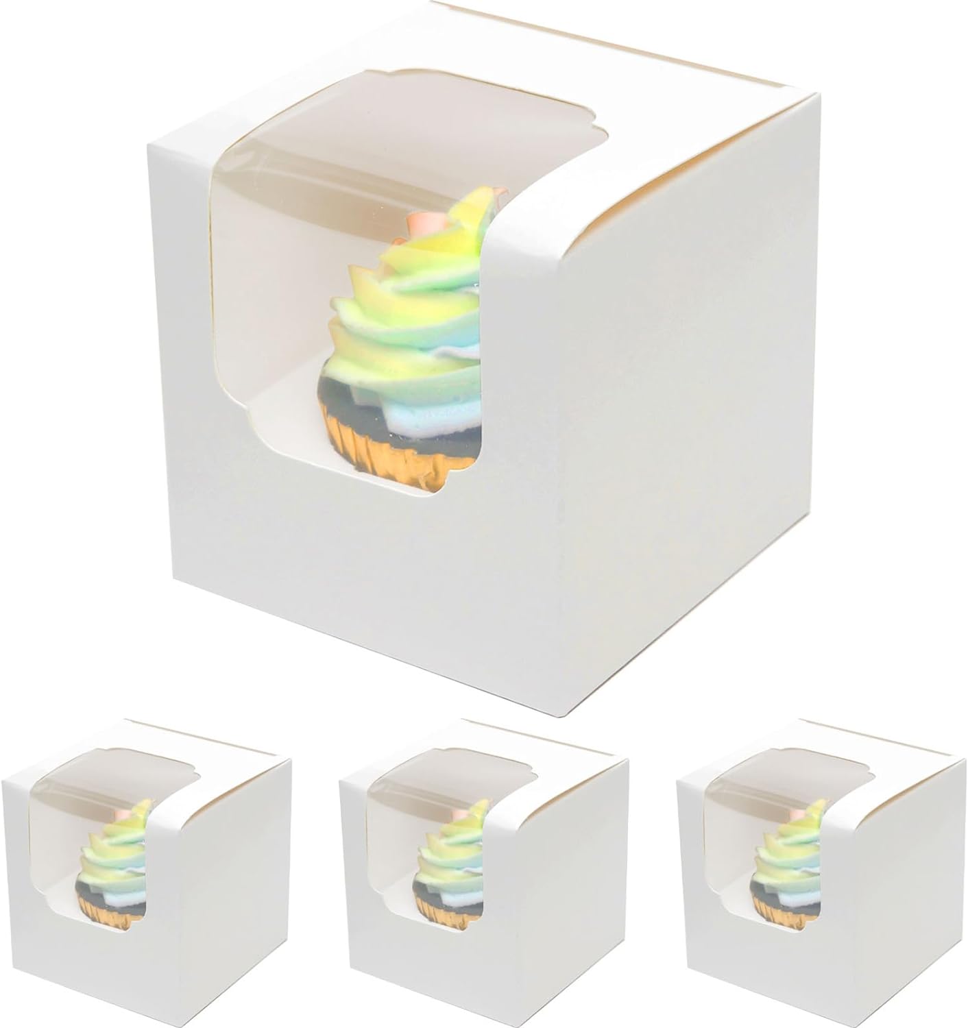 qiqee 60-Packs Cupcake Boxes Auto-pop up Individual Cupcake Container White 3.5" x 3.5" x 3.5" Single Cupcake Boxes 3.5inch-60pcs White