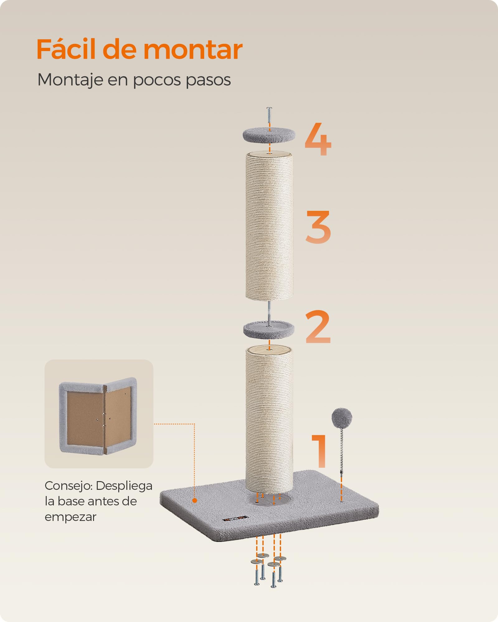 Feandrea Poste Rascador para Gatos, 85 cm de Alto, Gatos Medianos y Grandes, Poste Rascador de Sisal, Pompón de Muelle con Campana, Gris Paloma PCA041G01