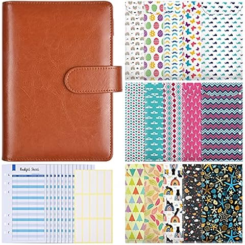 A6 PU Leather Notebook Binder, 6 Round Rings Refillable Notebook Binder 15pcs Plastic Envelope Pockets,15 Budget Tracking Tables with Label Stickers-Brown Cover