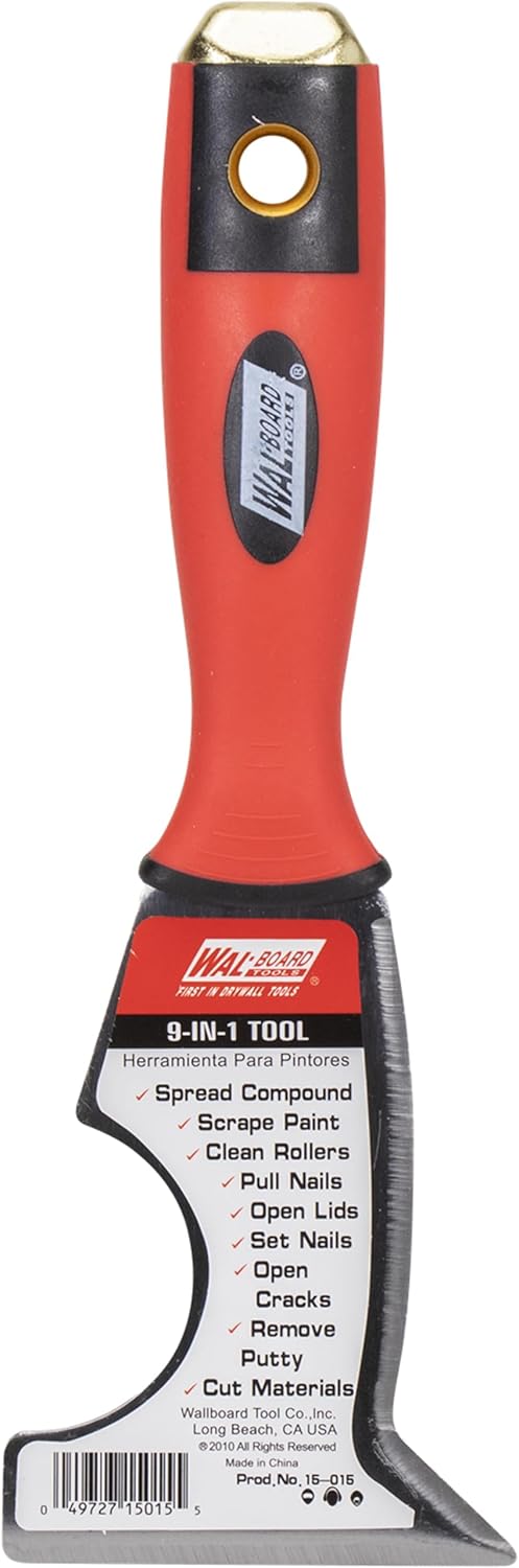 WAL-BOARD TOOLS 9 in 1 Painter's Tool, Soft Grip Hammer-End Multi-Purpose Walboard Painters Tool, Heat-Treated High-Carbon Steel Blade, Scraper and Putty Knife, 015-015