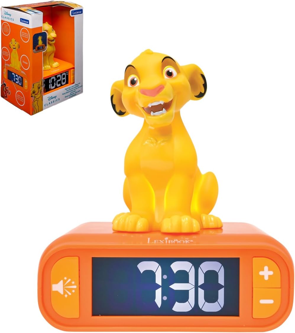 LEXiBOOK, Disney The Lion King, Simba Nightlight Alarm Clock, Sounds and Melodies, LCD Backlit Screen, Luminous, Snooze, Yellow/Orange, RL800AN