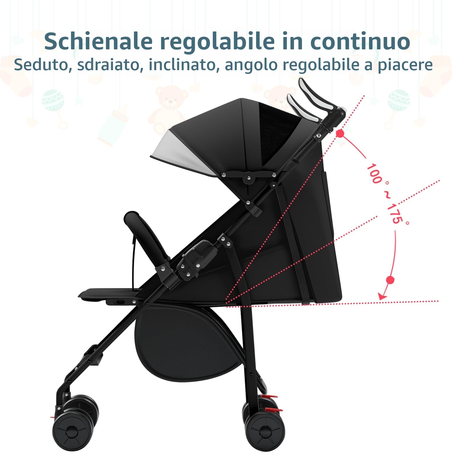 Ingenious, passeggino compatto con posizione sdraiata, dalla nascita ai 4 anni (fino a 25 kg), 47 x 72 x 97 cm, seduto/sdraiato, zanzariera in cotone, nero