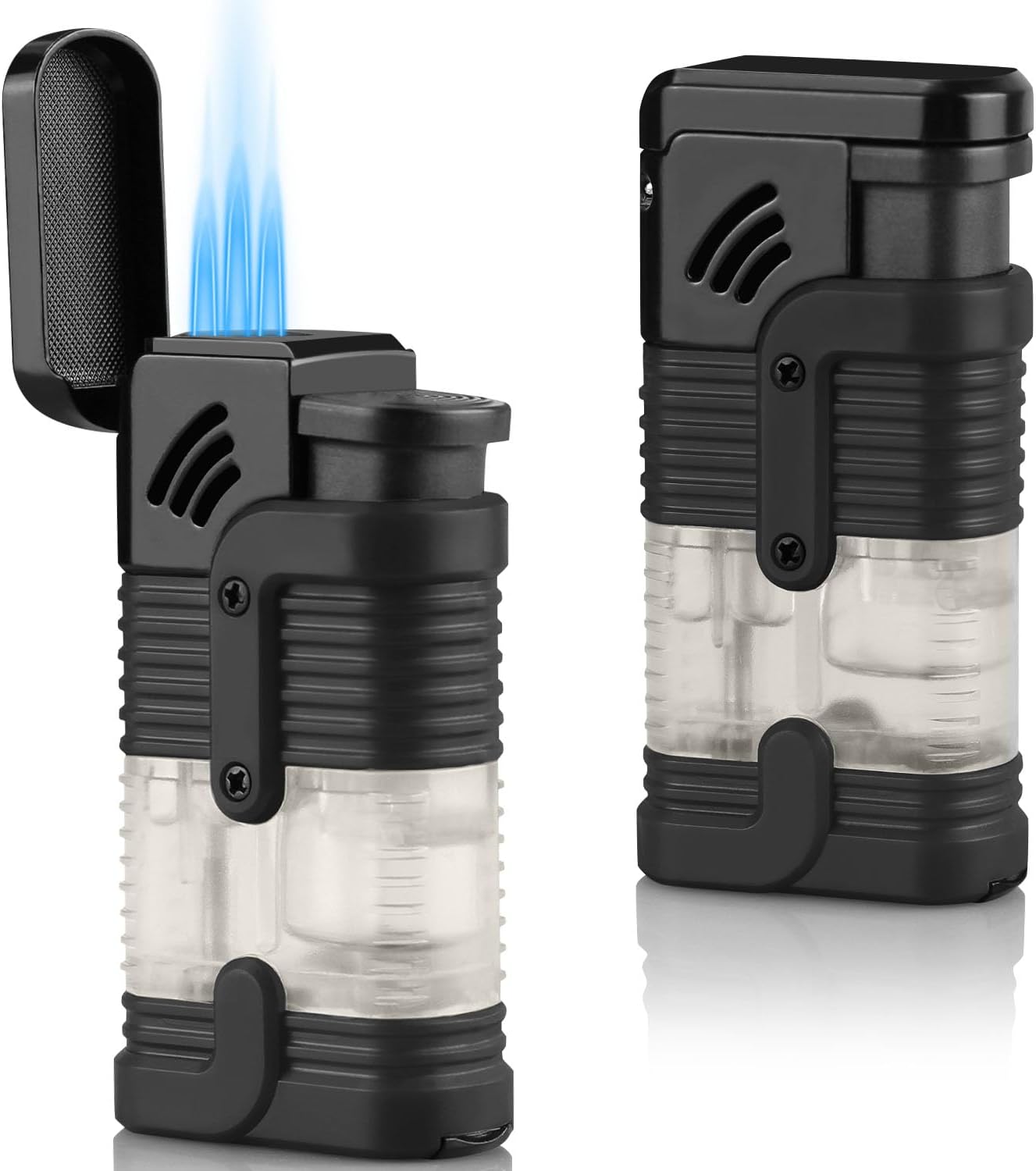 2 Pack Torch Lighter Triple Jet Flame Butane Torch Lighters Refillable Butane Gas Lighter Windproof Adjustable 3 Flame Lighter Gift for Men and Women(Black+Black,Without Gas)