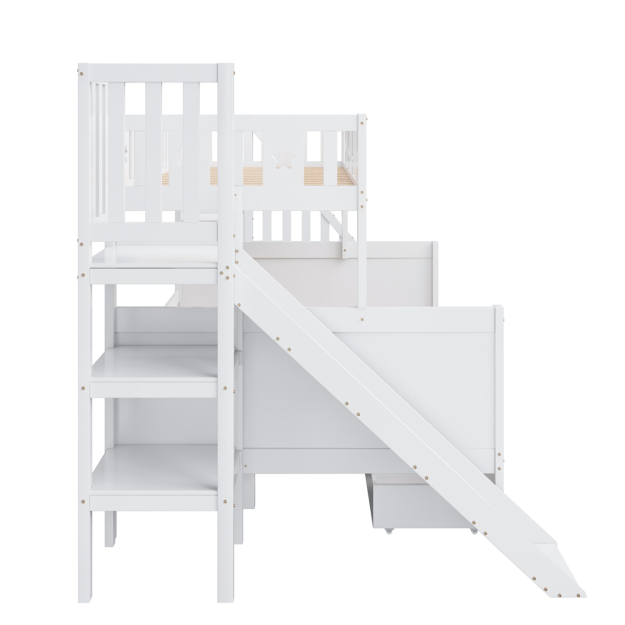 Mrwoo Kinderbett 140x200 cm, Etagenbett mit Rutsche, Stauraumbett mit 2 Schubladen und Offenem Stauraum, Rausfallschutz Geländer, MDF+Kiefernholzl+Sperrholz (Ohne Matratze) (Weiß - A - Schubladen)