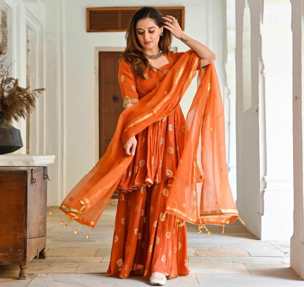 Image of ETISHA Women's Cotton Blend Gold Printed Kurta Sharara with Chiffon Dupatta Set