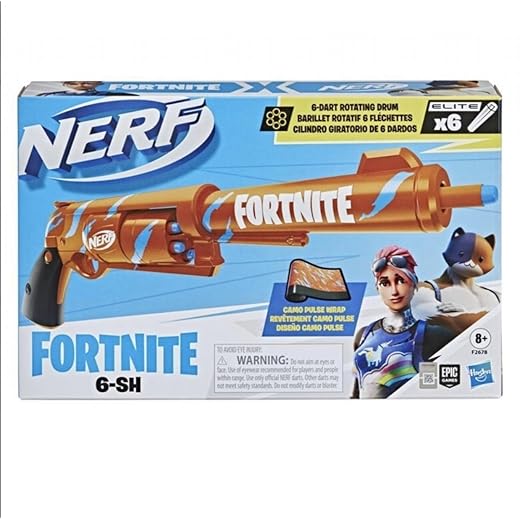 Nerf Lanzador Fortnite 6-SH - Pulso de Camuflaje - con Martillo y Tambor Giratorio de 6 Dardos - Incluye 6 Dardos Oficiales Elite
