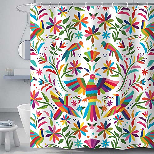Mexico Floral Shower Curtain For Bathroom, Traditional Mexican Bluebird Otomi Style Bright Pattern Bath Curtains, Paisley Flowers Ethnic Color Fabric Modern Bathroom Accessories With Hooks 72X84 #TOP1