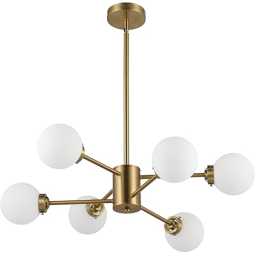 WINGBO 6-Light Modern Chandelier, Sputnik Pedant Light Fixture with Large Opal White Glass Globe Shade for Flat and Slop Ceiling, Height Adjustable for Kitchen Living Room Dining Room Bedroom, Gold
