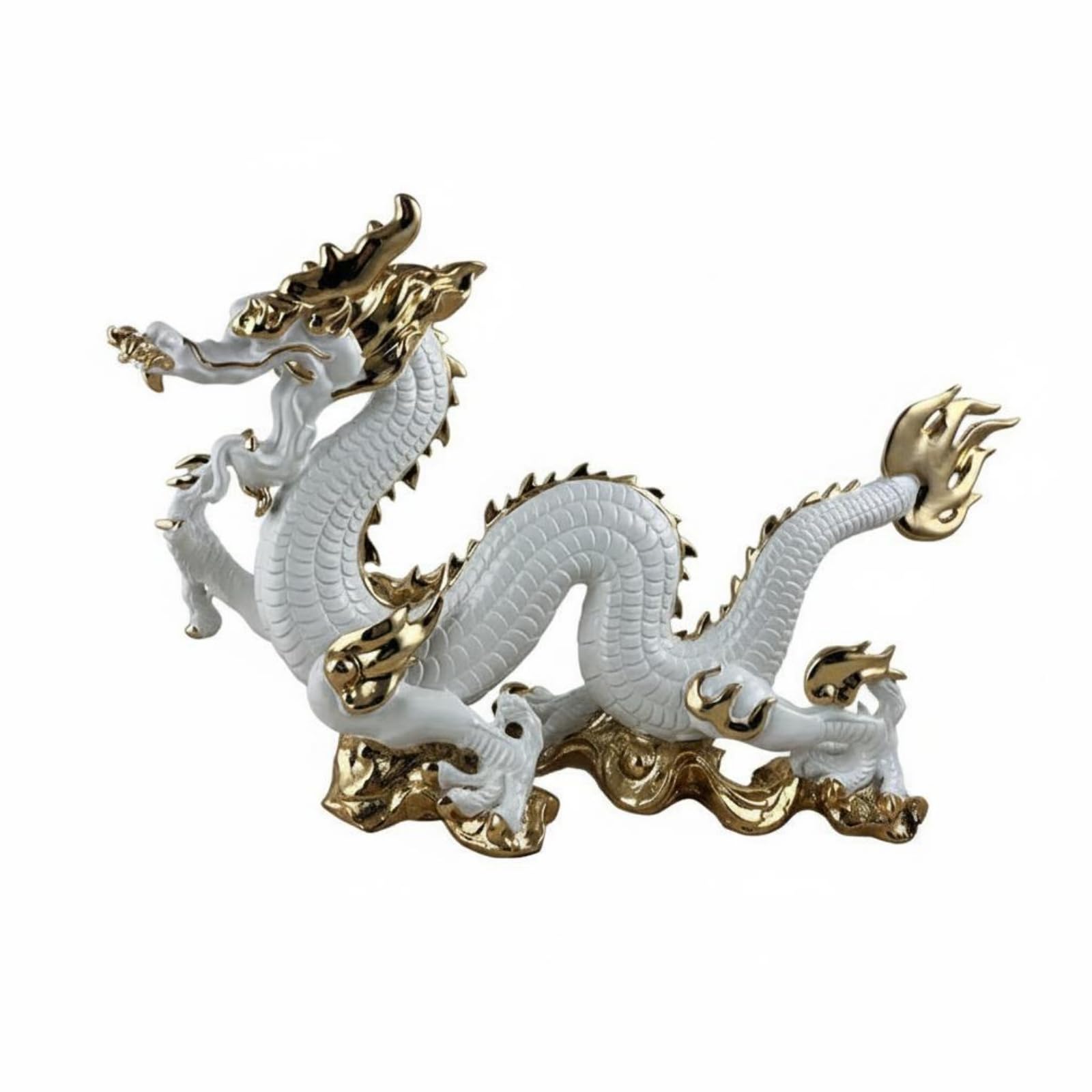 Colcolo Escultura de Dragón Estatua Figura Ornamentación Decorativa Resina Duradera Tacto Firme Superficie Exhibición Diseño con Relieve Adecuada para Regalos, Blanco Dorado