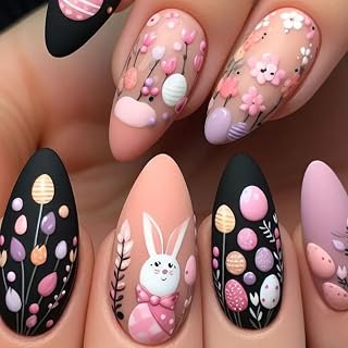 24Pcs Easter Press on Nails Medium Almond Shaped Fake Nails Pink Black Matte False Nails Easter Eggs Cute Bunny Designs Full Cover Spring Flower Fake Nails Acrylic Nails for Women Manicure Decorations