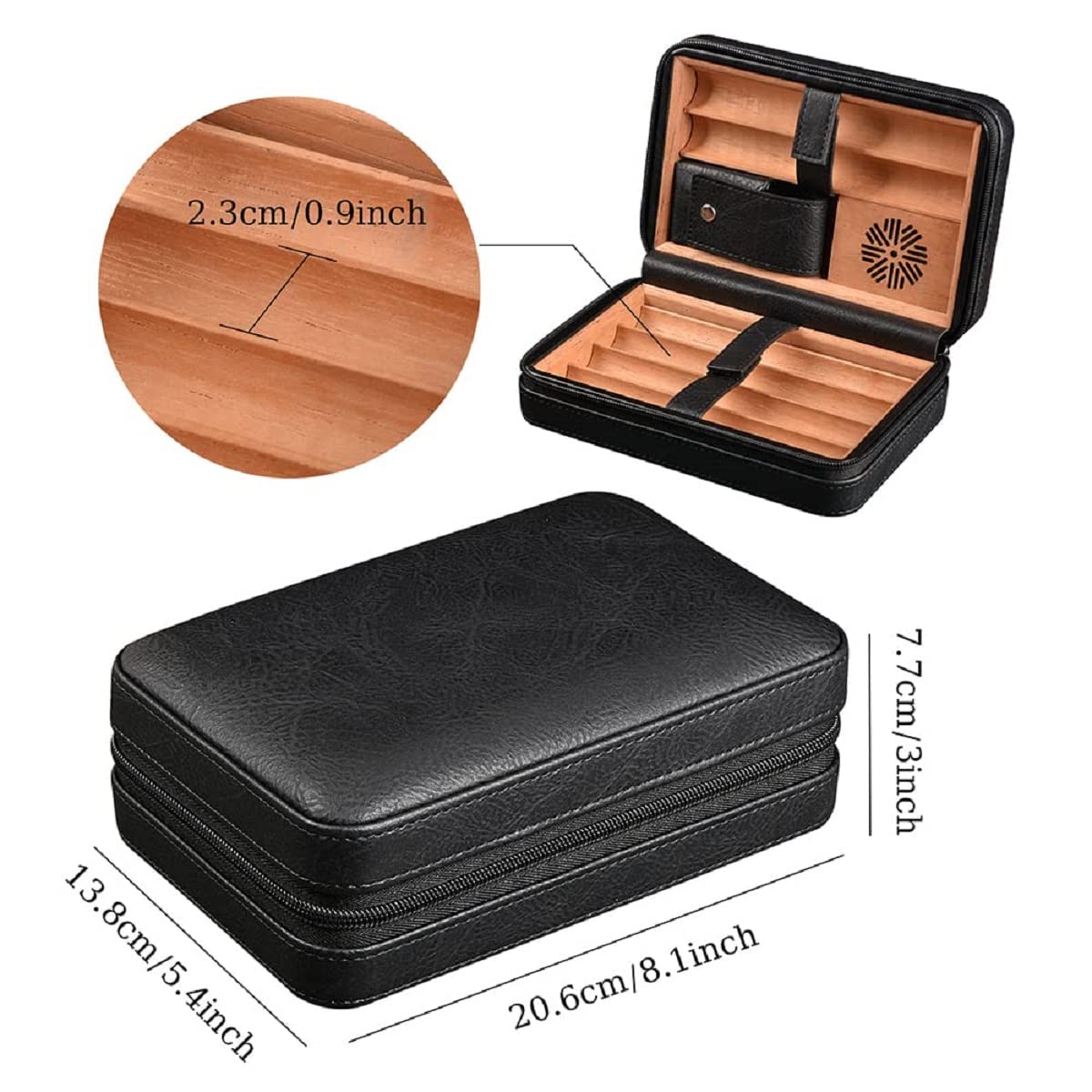 Leder Zigarren Humidor Set mit 3-in-1 Zigarrenfeuerzeug & Befeuchter, Tragbare Reise Leder Zigarrenetui für 6 Zigarren, Locher Zubehör, Geschenk für Weihnachten (Schwarz)