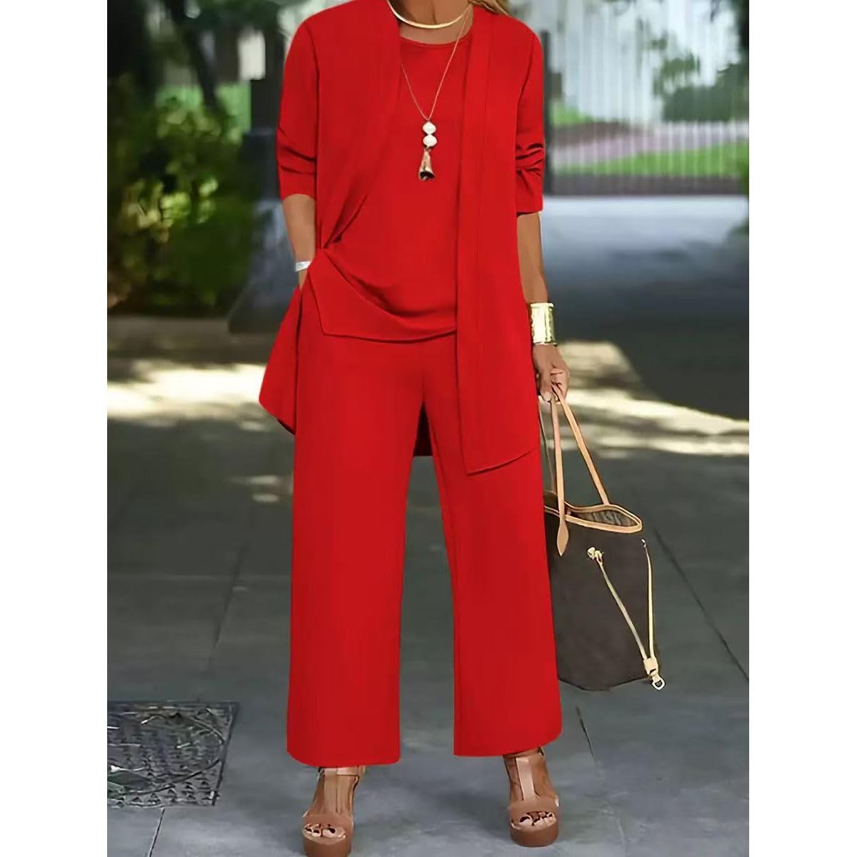 Elegante set da 3 pezzi con cardigan lungo e pantaloni, completo da viaggio per invitati a nozze da donna