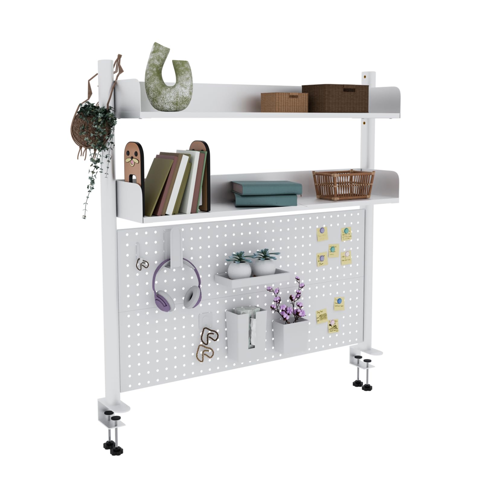 Schreibtischregal mit 2 Ebenen, zum Anklemmen, weiß, 100 cm, Bücherregal mit Lochwand, Aufbewahrungsorganisator für Zuhause, Büro oder Wohnheim