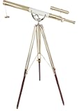 Double Barrel Shiny Brass Finish Vintage Floor Telescope Functional Spyglass with Brown Brass/Wooden Tripod White Leather Wrap | 39