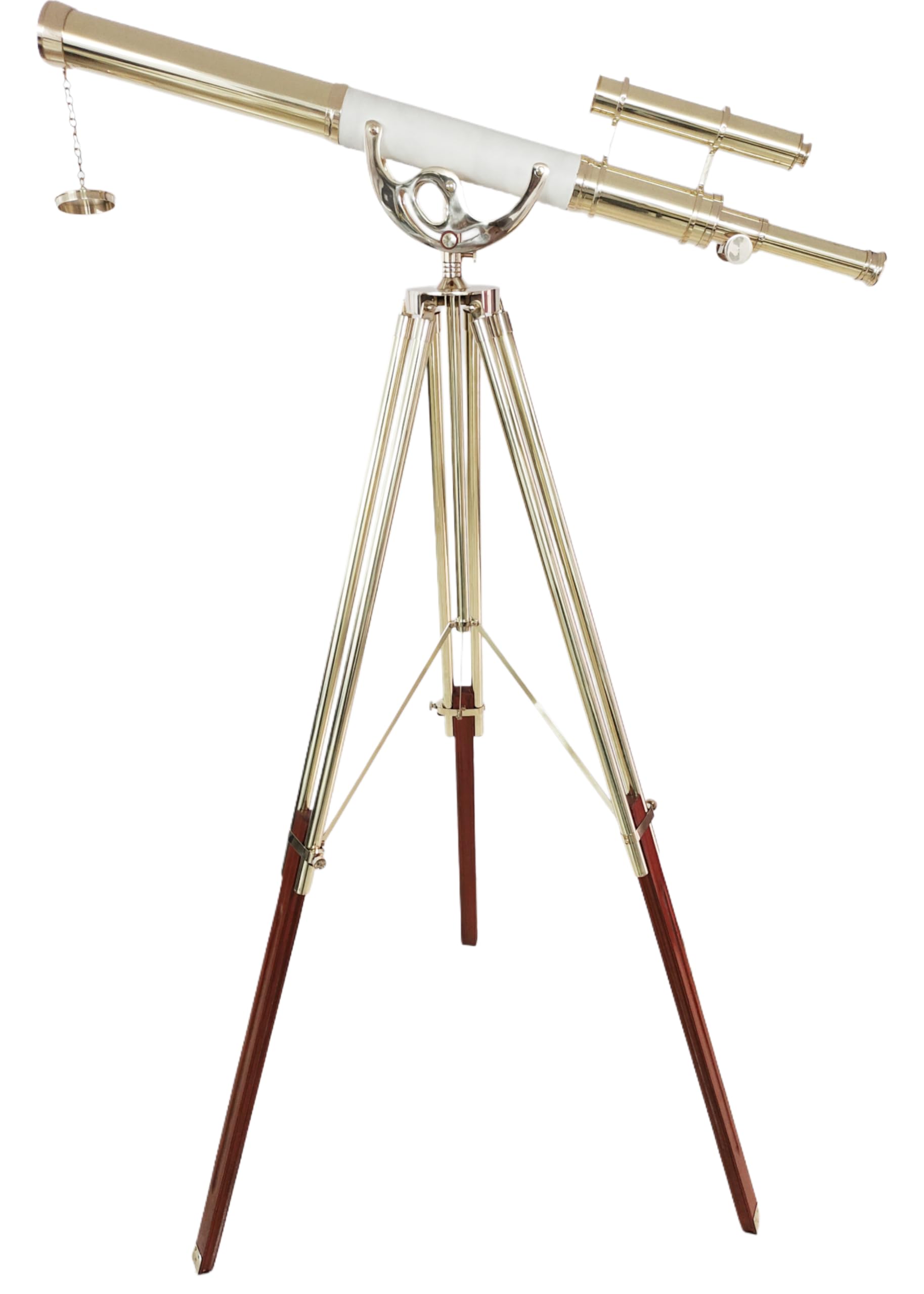 Double Barrel Shiny Brass Finish Vintage Floor Telescope Functional Spyglass with Brown Brass/Wooden Tripod White Leather Wrap | 39