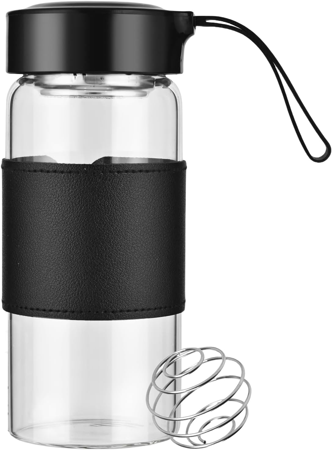 Protein Shaker Glass 16 Oz With Built-in Strainer and Stainless Steel Mixing Ball, BPA-Free and Leak-Proof Protein Shaker with Non-Slip Silicone Design