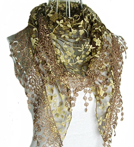 Chal Hugestore con diseño triangular de encaje, borlas y seda marrón café