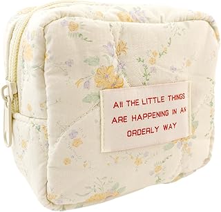Small Makeup Bag for Purse, Quilted Cute Makeup Bag, Mini Cosmetic Bag, Preppy Toiletry Bag, Sanitary Napkin Storage Bag, Makeup Organizer Zipper Travel Pouch for Women, Girls (Floral Beige)