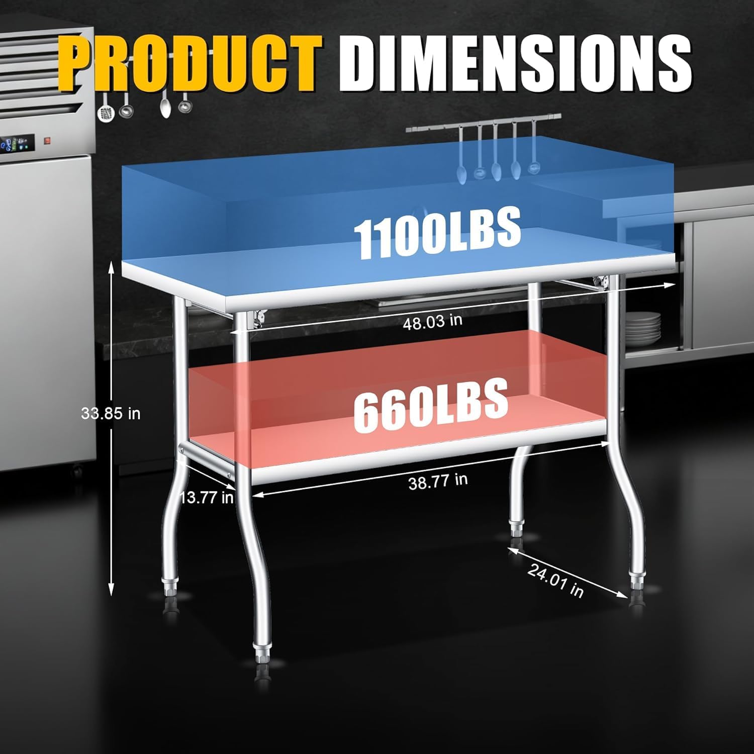 Tavolo da lavoro pieghevole in acciaio inox per settore industriale - Portata 1100 lb - Doppio ripiano - Nessun montaggio richiesto - Resistente e salvaspazio per cucina, laboratorio
